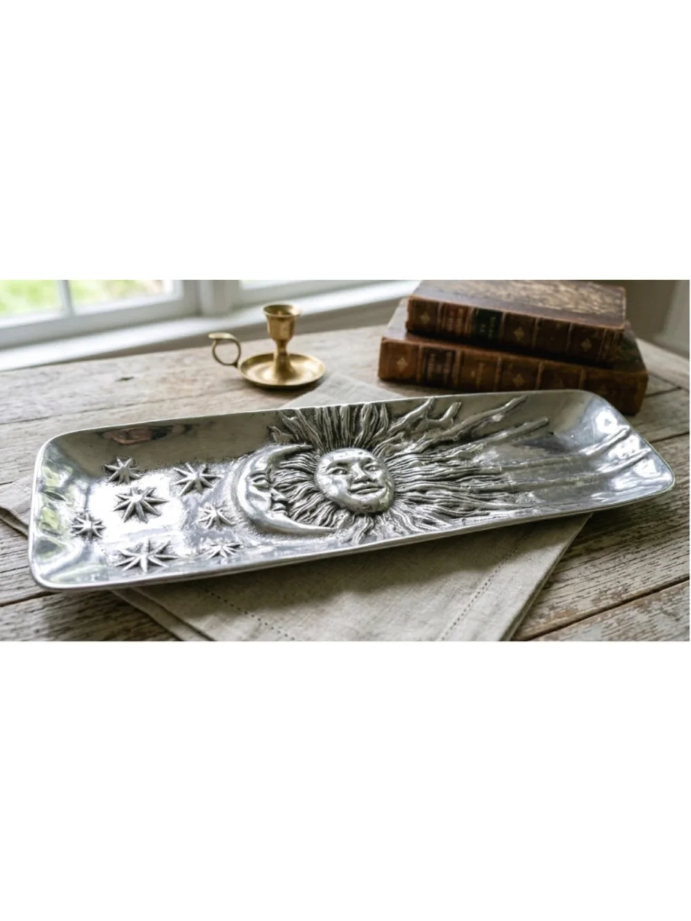 Vintage 90s Silver Metal Celestial Cracker Tray Sun Moon Stars 16.5